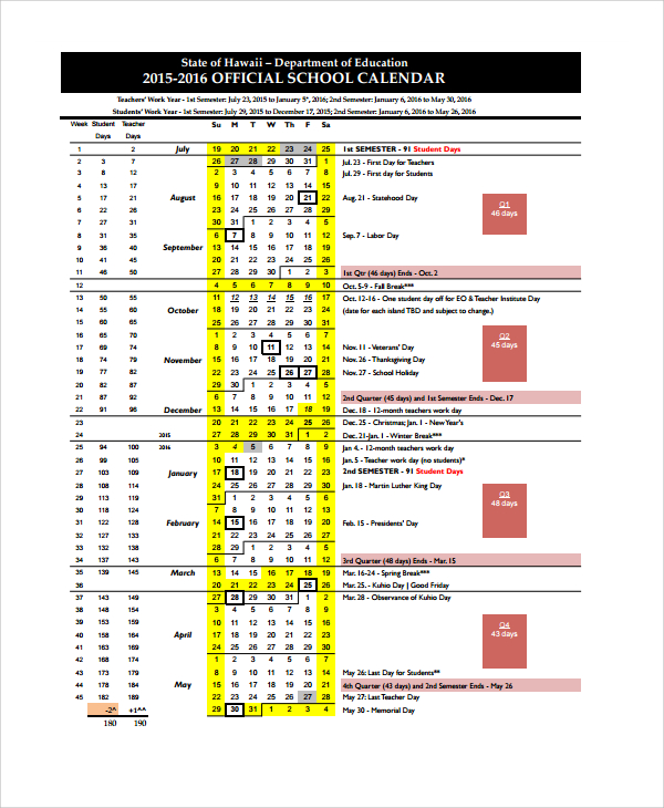 official teacher calendar template