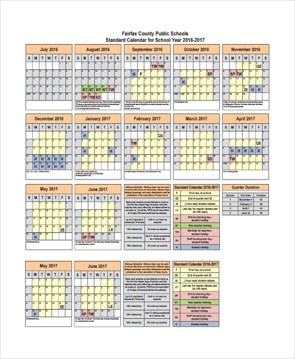 standard teacher workday calendar