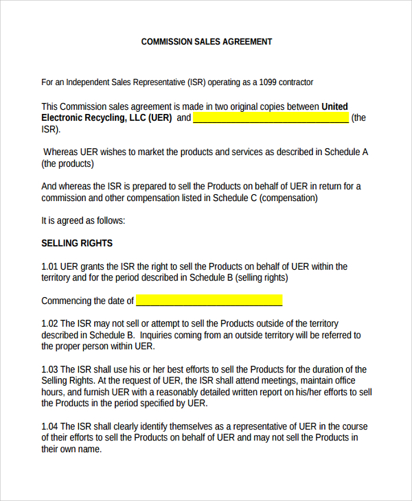 commission sales agreement template