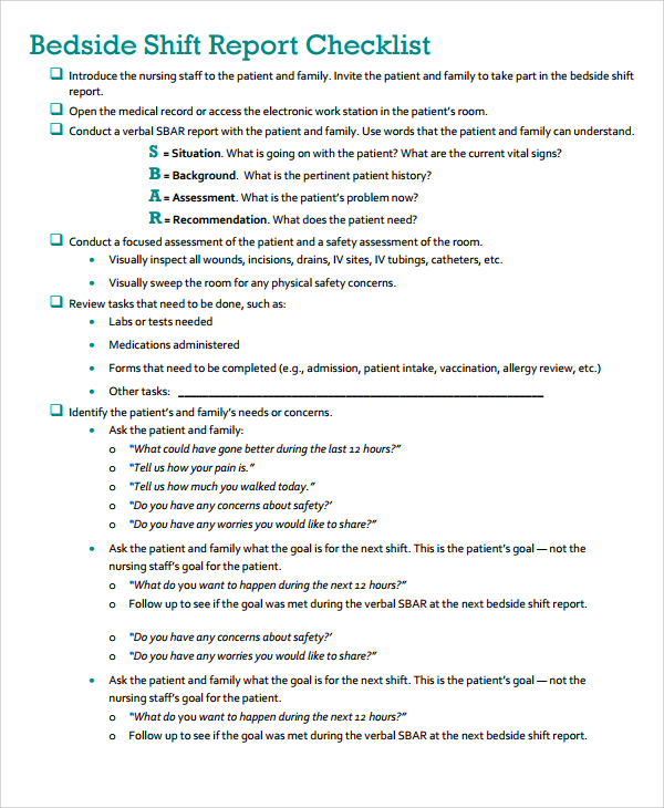 bedside shift report checklist