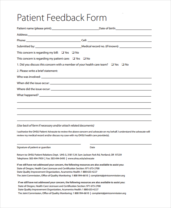 ohsu patient feedback form