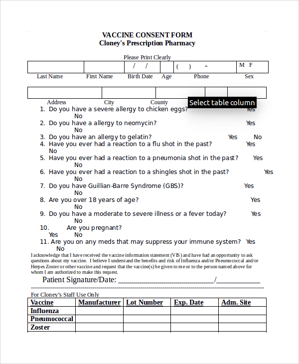 vaccine consent form example
