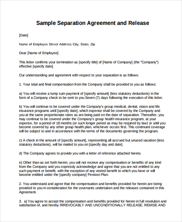 9  Business Separation Agreement Templates Sample Templates