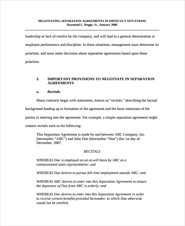 Informal Separation Agreement Template