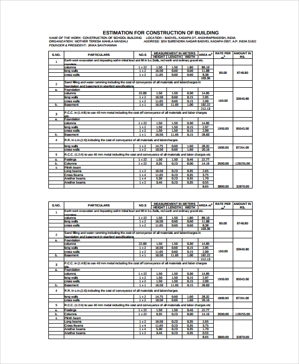 building work estimate template