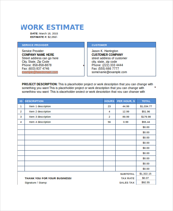 Sample Work Estimate Templates  7+ Free Documents Download in PDF, Word, Excel