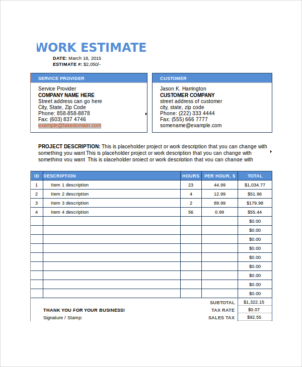 FREE 7 Sample Work Estimate Templates In PDF MS Word Excel