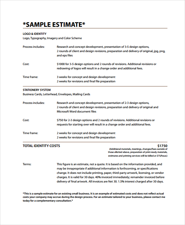 sample work estimate template