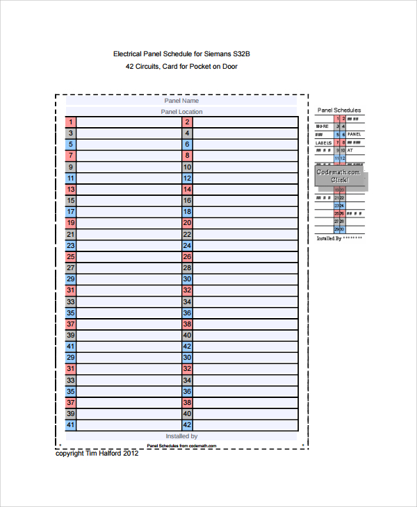 42 Circuit Panel Schedule Template