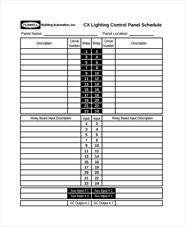 lighting panel schedule template