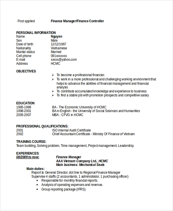 sample finance resume template