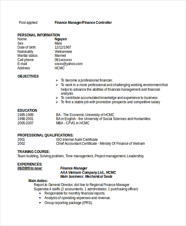 8+ Finance Resume Templates | Sample Templates