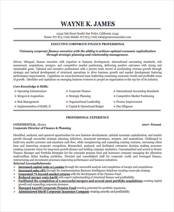 executive corporate finance resume