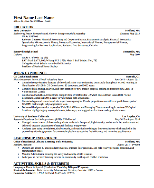 Sample resume for finance jobs