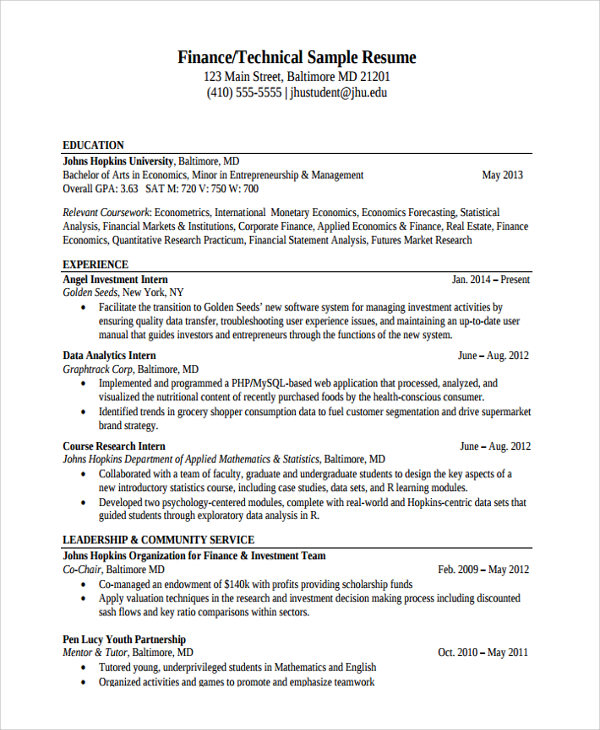 finance technical sample resume