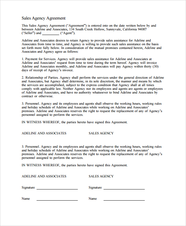 free sales agency agreement