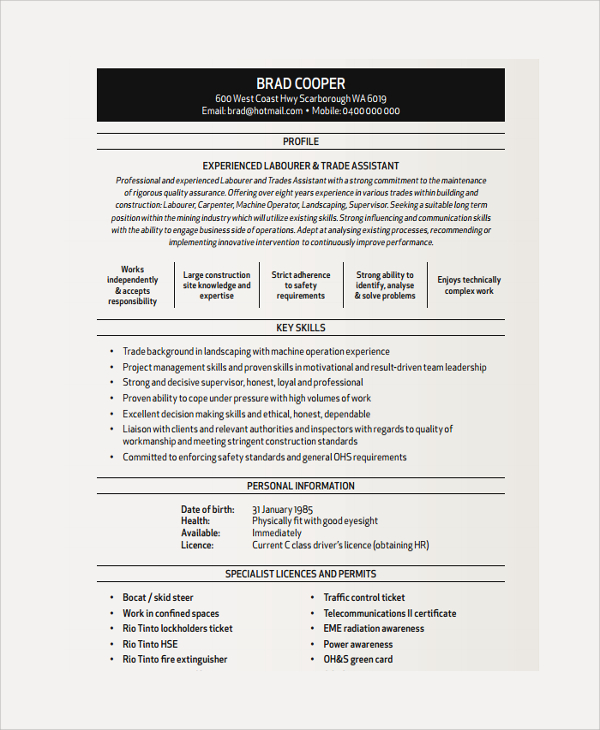 8+ Electrician Resume Templates Sample Templates