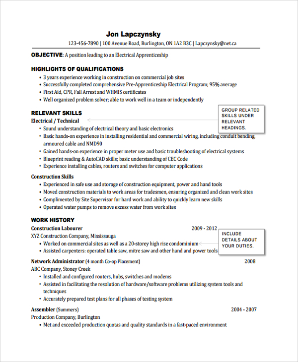 sample electrician resume