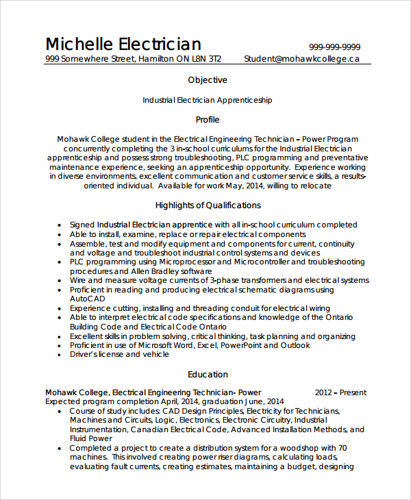FREE 7+ Sample Electrician Resume Templates in PDF | MS Word