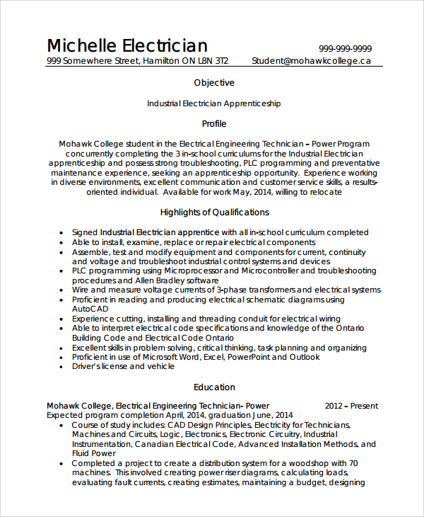 FREE 7+ Sample Electrician Resume Templates in PDF MS Word