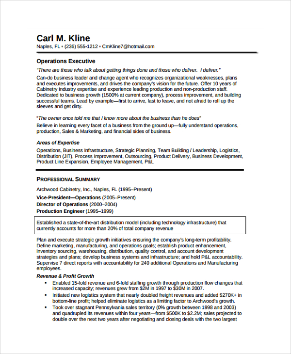operations executive sample resume