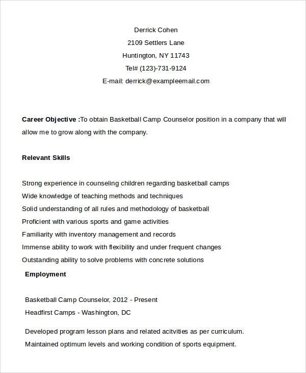 simple camp counselor resume