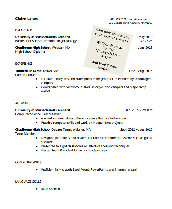 basic camp counselor resume