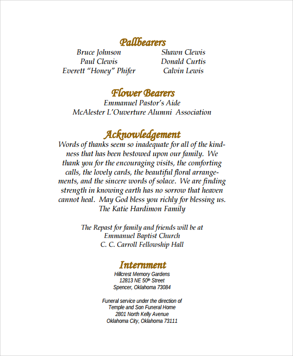 Funeral Acknowledgements Samples 