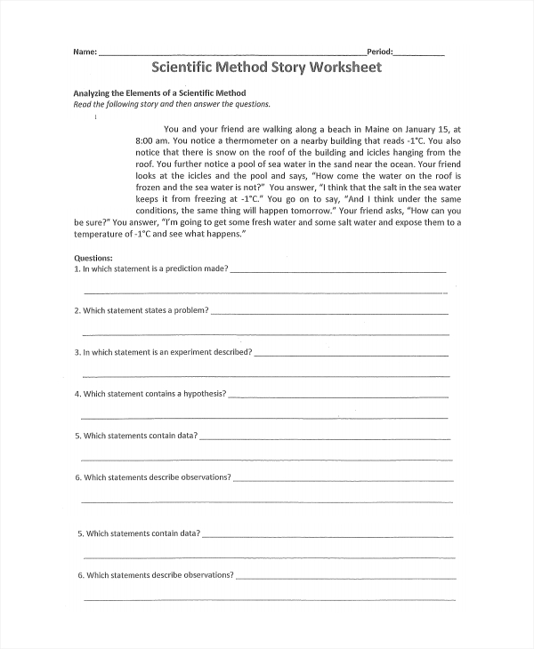scientific method story worksheet 