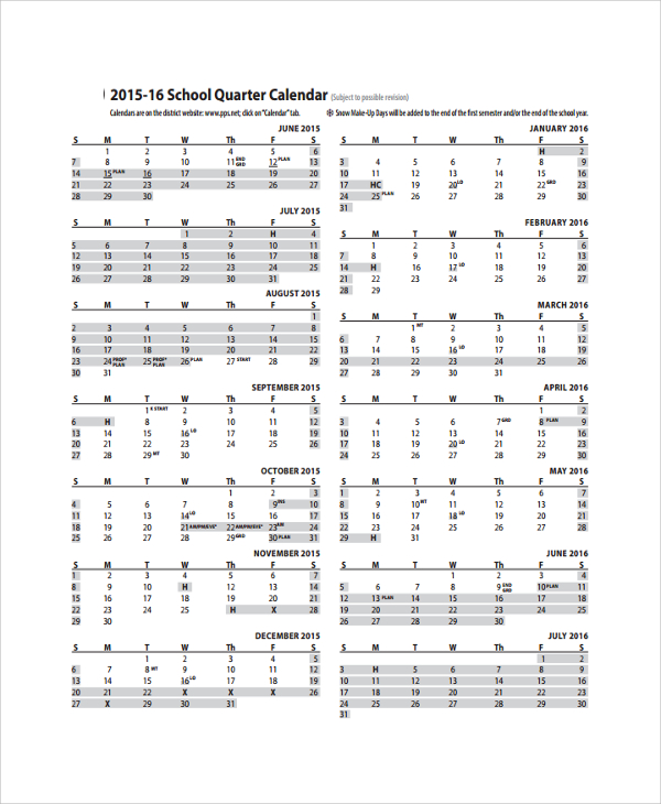 school quarterly calendar