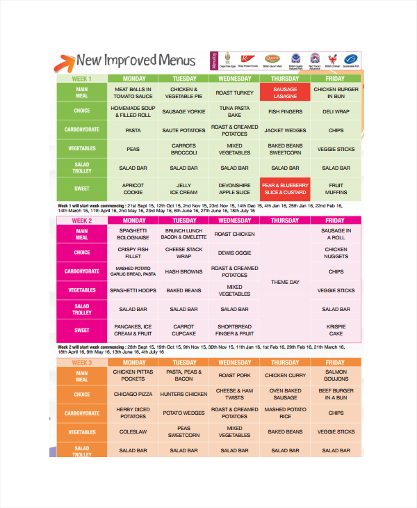 free school menu calendar download template