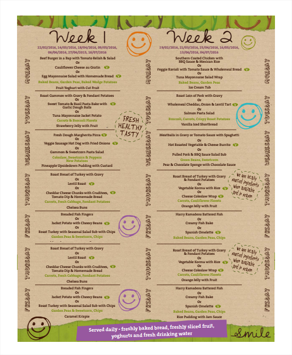 weekly school menu template