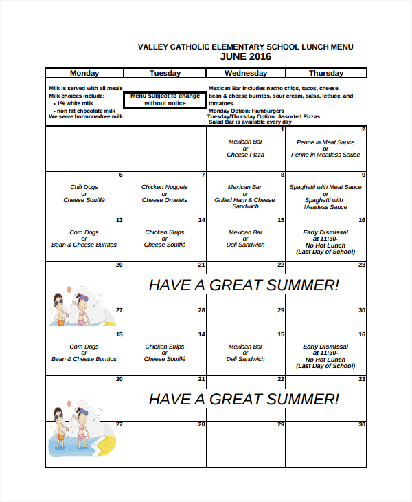 monthly school menu template