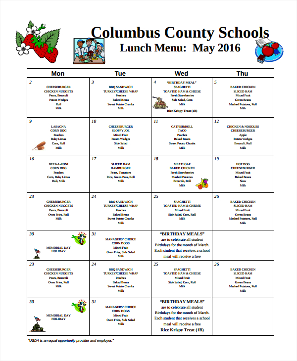 Free Online School Lunch Menu Calendar Garetnode