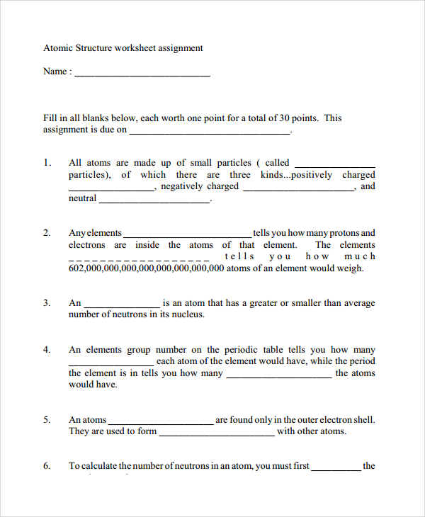 Free 7 Sample Atomic Structure Worksheet Templates In Ms Word Pdf