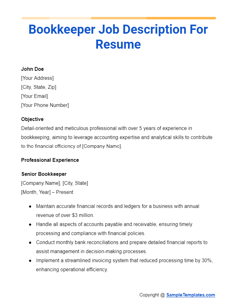 bookkeeper job description for resume