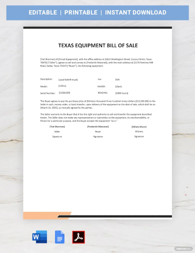 equipment bill of sale form template