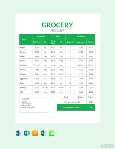free grocery shop price list template