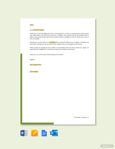 free response to customer complaint letter template