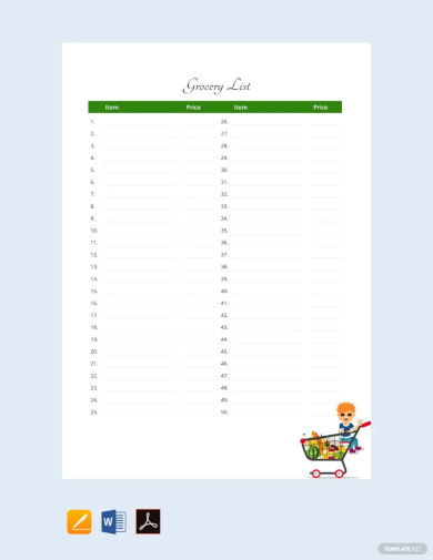 free sample grocery list template