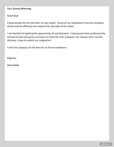 free simple two weeks notice letter template