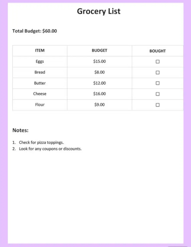 grocery list template