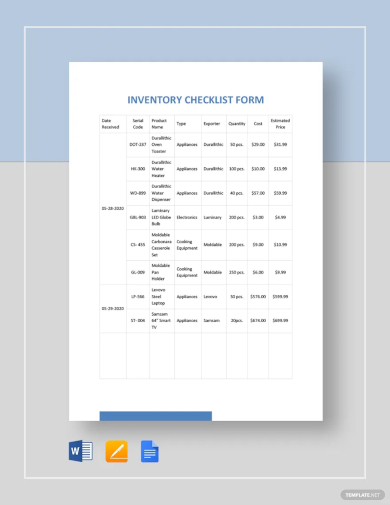 inventory checklist form template