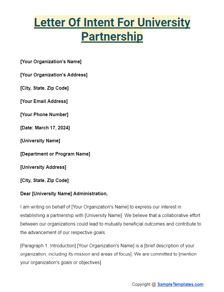 letter of intent for university partnership