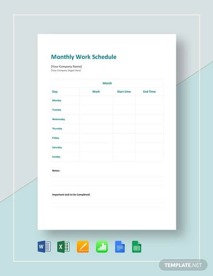 free 7 sample monthly work schedule templates in pdf ms word excel