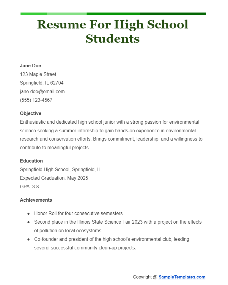 resume for high school students