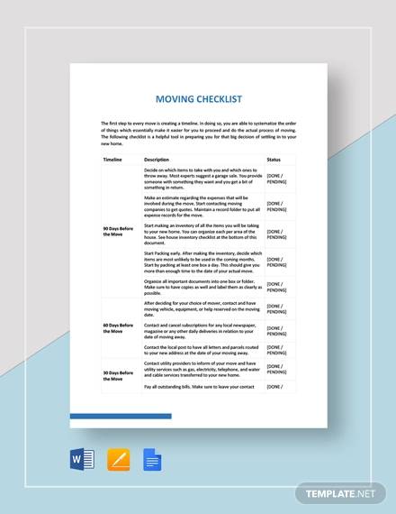 sample moving checklist template