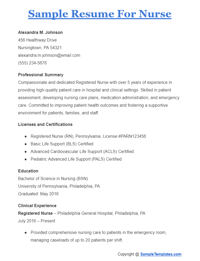 sample resume for nurse