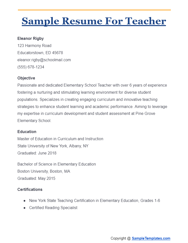 sample resume for teacher