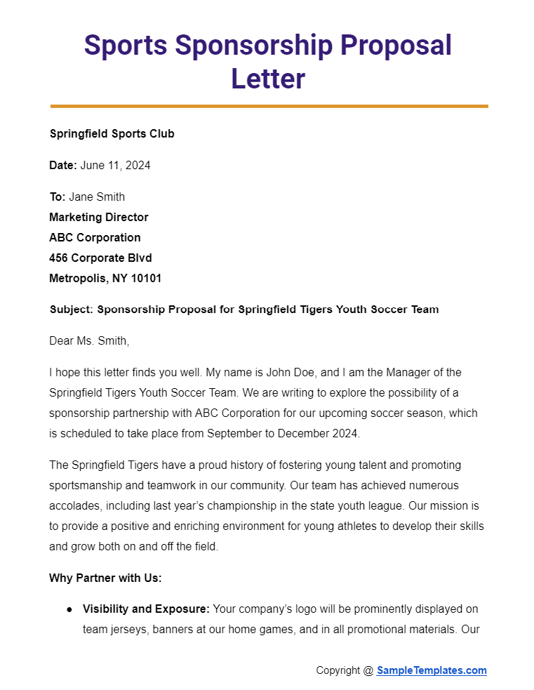 sports sponsorship proposal letter